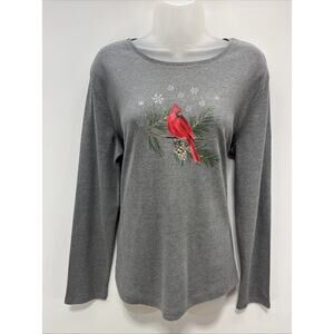 Croft & Barrow Classic Tee Holiday T-Shirt Tee Gray w Cardinal Bird Medium